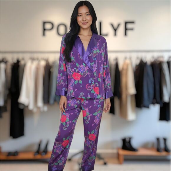 Vintage Victoria's Secret Gold Label Floral Satin Pajama Set Purple Small - Picture 1 of 13